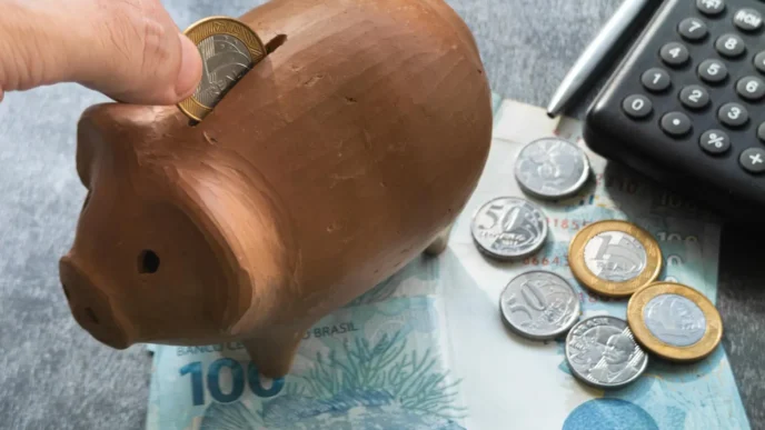 Pessoa guardando dinheiro em cofrinho ao lado de calculadora, simbolizando planejamento e análise de investimentos pessoais.