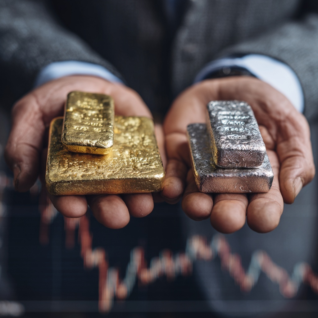 investidor segurando ouro e prata enquanto os gráficos aparecem no fundo