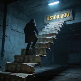 Pessoa subindo uma escada de dinheiro rumo aos primeiros R$ 100 mil