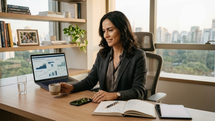 Mulher analisando gráficos financeiros no notebook em escritório moderno, representando investimentos para mulheres e planejamento financeiro.