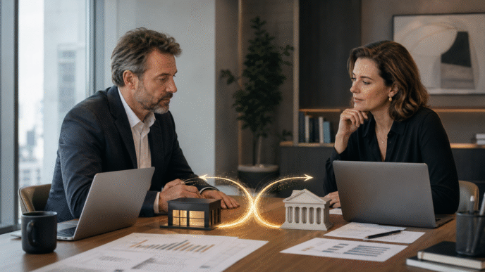 Empresário e investidora analisando os impactos financeiros do split payment