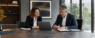 Executiva e consultor analisam um planejamento financeiro em reunião