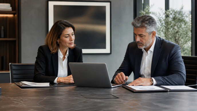 Executiva e consultor analisam um planejamento financeiro em reunião