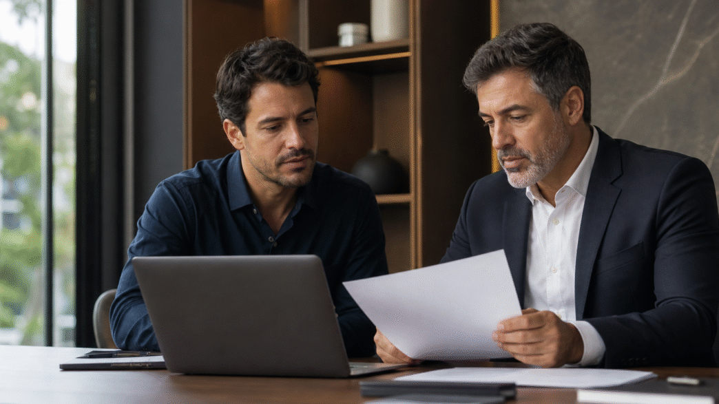 Investidor e profissional financeiro analisam custos e comissões de uma carteira de investimentos.