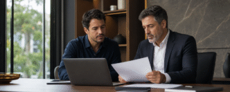 Investidor e profissional financeiro analisam custos e comissões de uma carteira de investimentos.