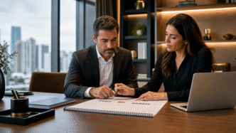 Executivo e consultora analisam o planejamento para investir o bônus anual