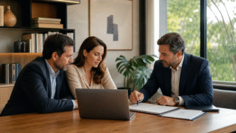 Casal e consultor analisam um planejamento financeiro familiar em conjunto.