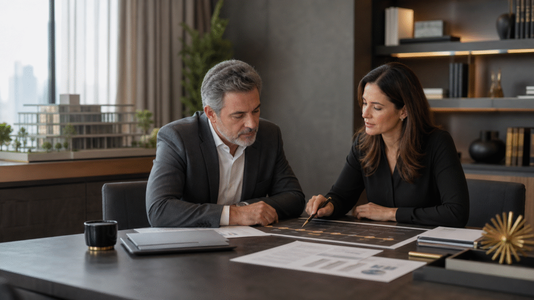 Empresário e consultora analisam um plano de aposentadoria e sucessão financeira.
