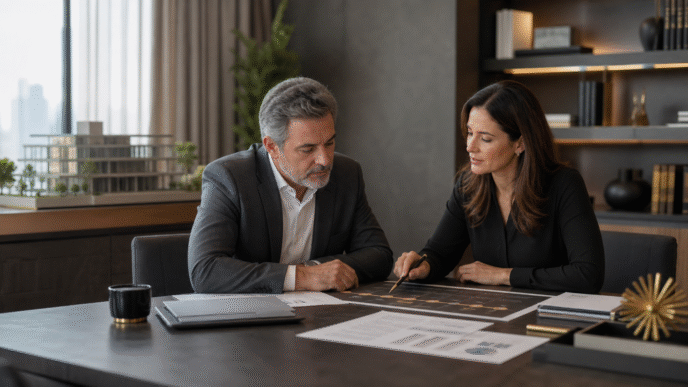 Empresário e consultora analisam um plano de aposentadoria e sucessão financeira.