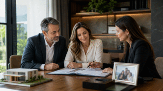 Casal e consultora analisam documentos de planejamento sucessório