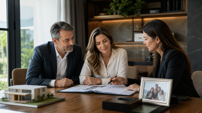 Casal e consultora analisam documentos de planejamento sucessório