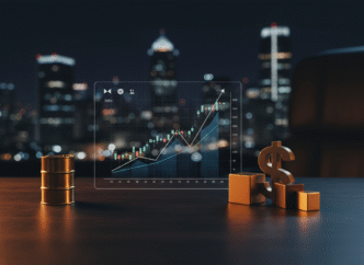 Mesa financeira com gráfico, referência abstrata a petróleo e elementos de câmbio.