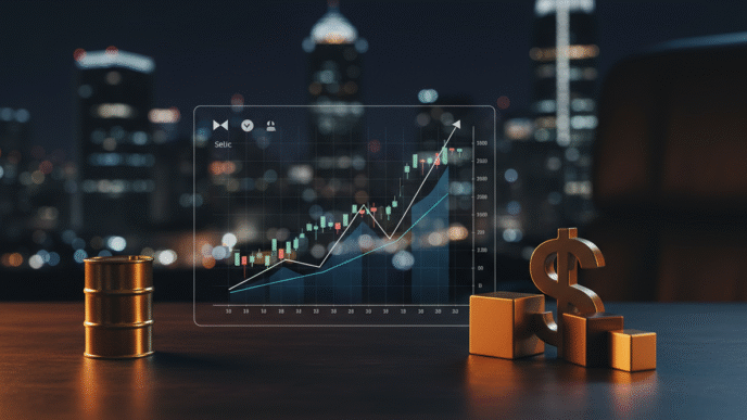 Mesa financeira com gráfico, referência abstrata a petróleo e elementos de câmbio.