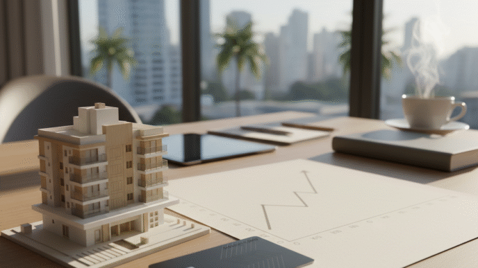 Cartão sem marca, maquete arquitetônica e gráfico de mercado em mesa de planejamento.
