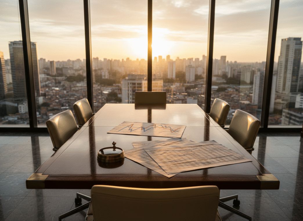 Mesa de reunião financeira com papéis de mercado e uma bússola de metal.