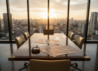Mesa de reunião financeira com papéis de mercado e uma bússola de metal.