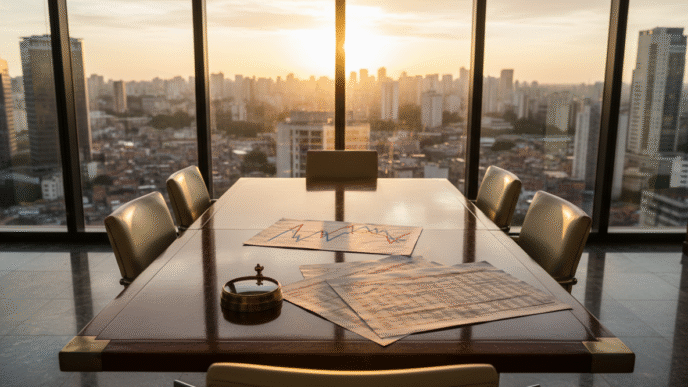 Mesa de reunião financeira com papéis de mercado e uma bússola de metal.