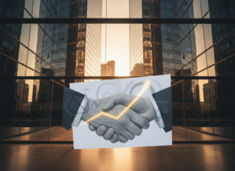 Prédios corporativos refletidos e documentos de negócio com gráfico de mercado.