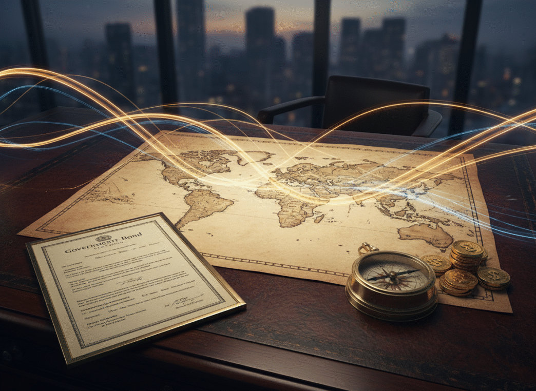 Mapa-múndi, fluxos luminosos e documentos de planejamento financeiro.