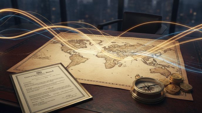 Mapa-múndi, fluxos luminosos e documentos de planejamento financeiro.