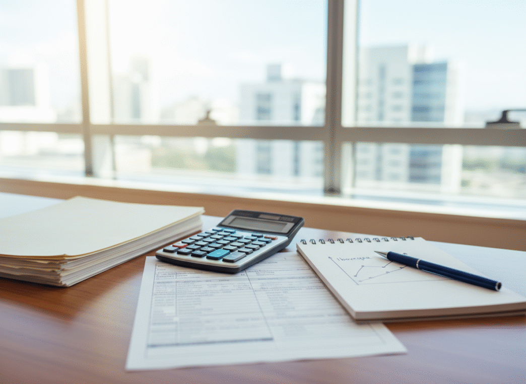 Documentos de trabalho neutros, calculadora e gráfico de mercado em mesa iluminada.