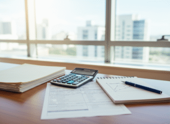 Documentos de trabalho neutros, calculadora e gráfico de mercado em mesa iluminada.