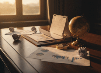 Indicadores econômicos, globo metálico e calendário em mesa de análise.
