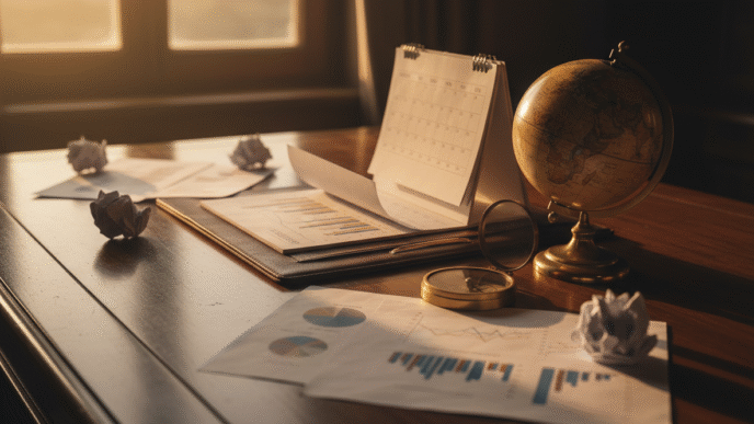 Indicadores econômicos, globo metálico e calendário em mesa de análise.
