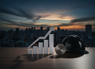 Gráfico ascendente, ativo digital abstrato e capacete de trabalho em composição financeira.