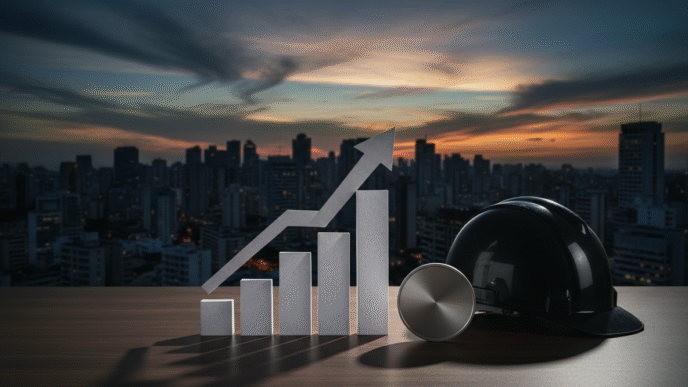 Gráfico ascendente, ativo digital abstrato e capacete de trabalho em composição financeira.
