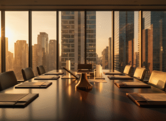 Mesa de conselho corporativo com documentos de negócios e objeto metálico em forma de sino.