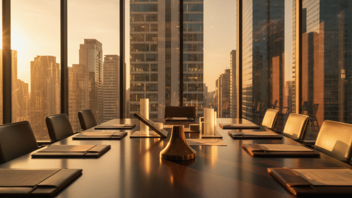 Mesa de conselho corporativo com documentos de negócios e objeto metálico em forma de sino.