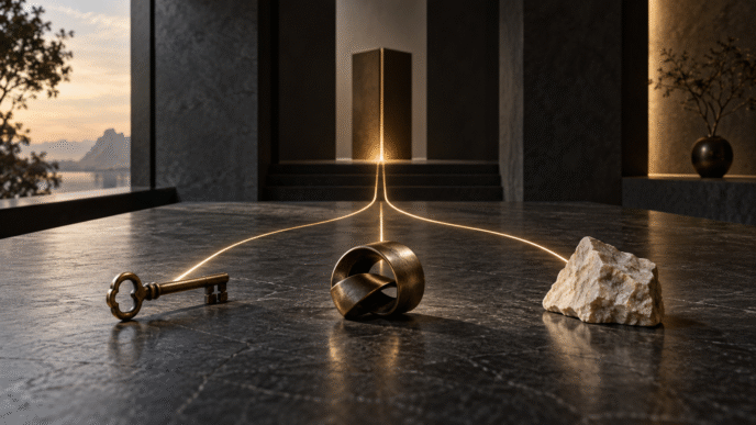 Objetos herdados seguindo caminhos de luz que convergem em um plano patrimonial