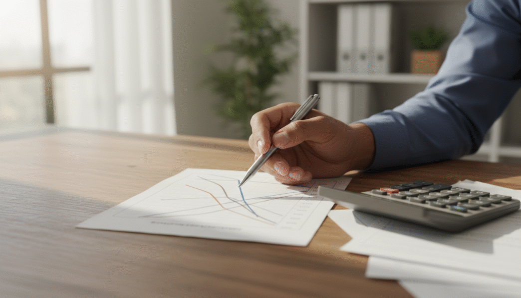 Pessoa analisa um gráfico de cenários de investimento com calculadora sobre a mesa.