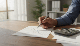 Pessoa analisa um gráfico de cenários de investimento com calculadora sobre a mesa.