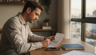 Investidor analisa um gráfico de fluxo financeiro mensal à mesa, com luz natural e vista urbana.