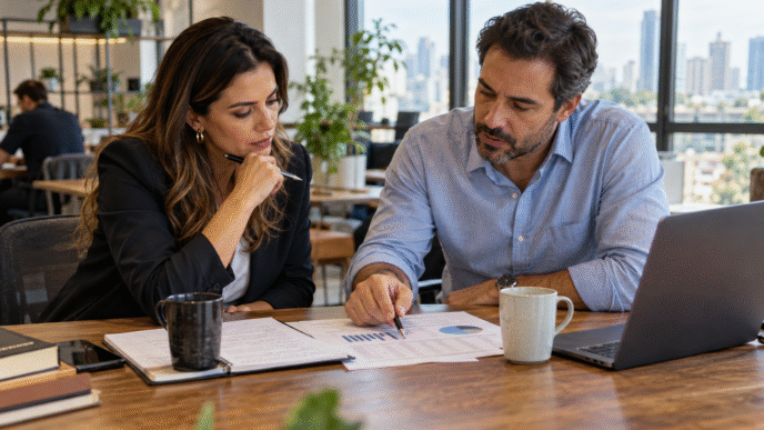 Consultora e cliente analisam juntos um resumo de investimentos em uma mesa de trabalho.