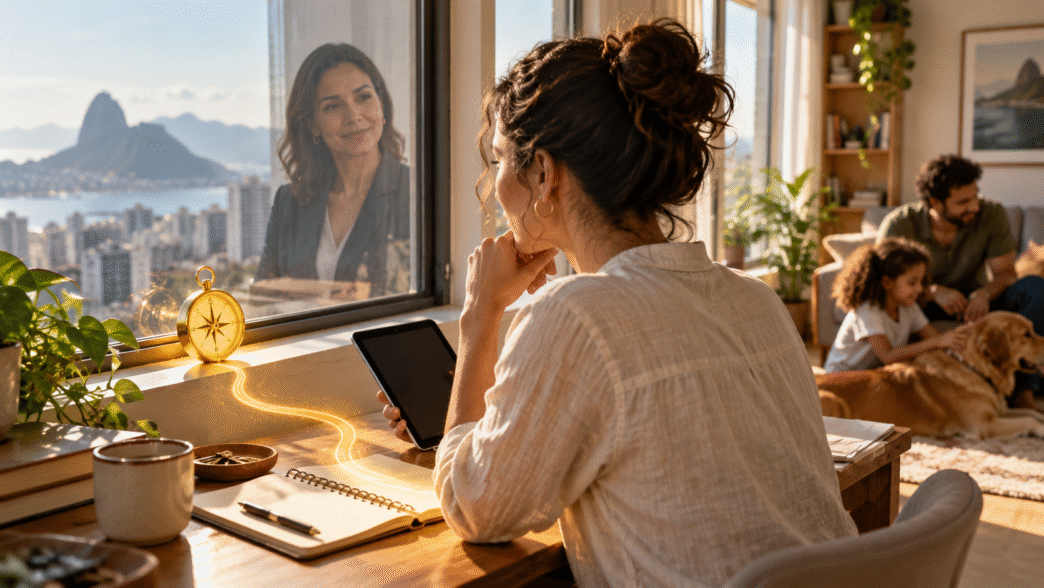 Mulher observa um pequeno compasso amarelo enquanto o planejador financeiro aparece refletido na janela.