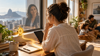 Mulher observa um pequeno compasso amarelo enquanto o planejador financeiro aparece refletido na janela.